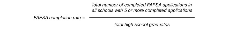 FAFSA completion rate = Total number of completed FAFSA applications in all schools with 5 or more completed applications / total grade 12 enrollment