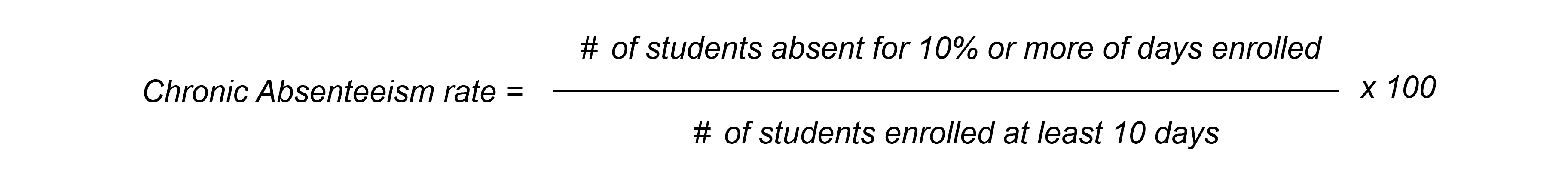 Chronic Absenteeism rate = # of students absent for 10% or more of days enrolled / # of students enrolled at least 10 days x100